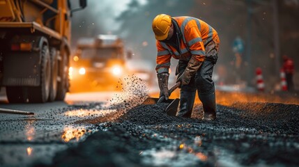 A road worker shovels and levels the asphalt of the road to be repaired while wearing an orange safety suit