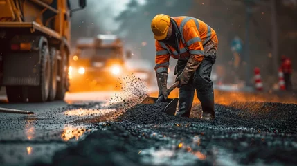Fotobehang A road worker shovels and levels the asphalt of the road to be repaired while wearing an orange safety suit © Trident