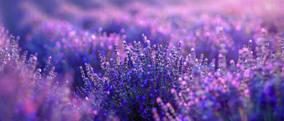 A field of lavender in bloom, with the colors shifting from deep purples to soft blues, creating a splendid gradient captured in high-definition to showcase its mesmerizing vibrancy. - obrazy, fototapety, plakaty