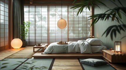 Traditional Japanese Bedroom Interior with Tatami Mat and Shoji Screen