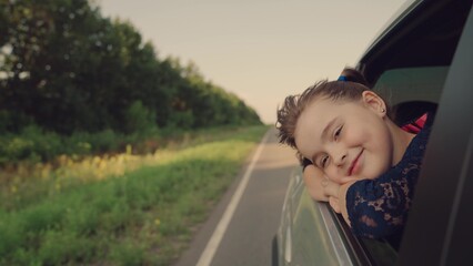 little girl, smile your face, stuck her head out, car windows, happy face, rays sun, happy moment, child leaned his elbows, car window, smile says, face reflects, pure joy, epitomy, carefree childish