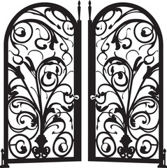 Charming Garden Access Wrought Iron Bi Fold Door, Black Vector Design Icon Vintage Style Wrought Iron Bi Fold Garden Door, Black Emblem