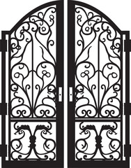Sophisticated Wrought Iron Bi Fold Garden Gate Black Emblem Icon Regal Entrance Wrought Iron Bi Fold Garden Door, Black Vector Logo