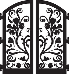 Modern Garden Elegance Wrought Iron Bi Fold Door, Black Logo Design Icon Enchanting Garden Gateway Wrought Iron Bi Fold Door, Black Vector Emblem