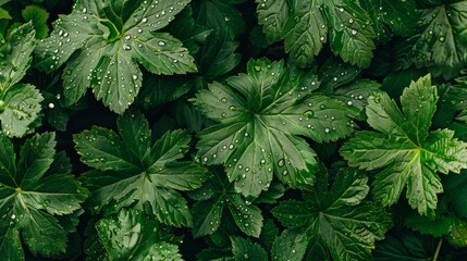 Green foliage glistens with raindrops, refreshing and cleansing, against a backdrop of tranquility, background, wallpaper - obrazy, fototapety, plakaty