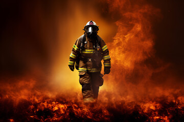 Brave Firefighter Walking Towards Inferno, Heroic Emergency Personnel in Action, Intense Flames Engulfing Background, Fire and Rescue Operation