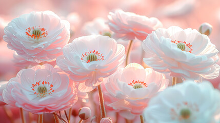 A cluster of white anemones blushing with pink hues, radiating warmth and romance under a soft, glowing light.