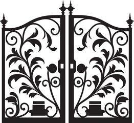 Fototapeta na wymiar Majestic Garden Passage Black Vector Emblem Vintage Bi Fold Iron Door Sleek Black Emblem