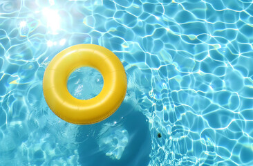 Yellow Inflatable Ring Floating on Blue Water: Top View with Simple Background