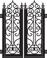 Fototapeta na wymiar Rustic Bi Fold Iron Portal Black Vector Emblem Antique Garden Gate Elegant Black Logo