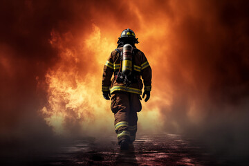 Brave Firefighter Walking Towards Inferno, Heroic Emergency Personnel in Action, Intense Flames Engulfing Background, Fire and Rescue Operation