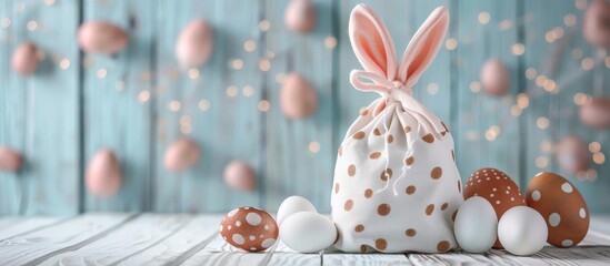 an easter gift bag with bunny ears and painted eggs with wooden background - easter decoration concept background