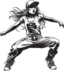 Vibrant Young Street Dancer Black Logo Design Spirited Female Hip Hop Queen Black Vector Emblem