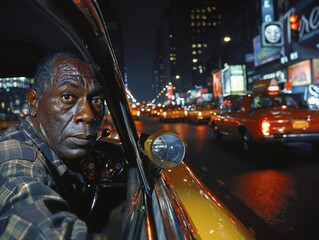 A mysterious man sits in his taxi on a deserted city street, bathed in the glow of the dimly lit...