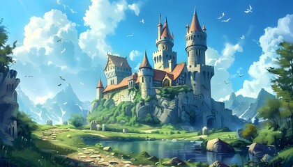 Fantasy castle in a gorgeous landscape - obrazy, fototapety, plakaty
