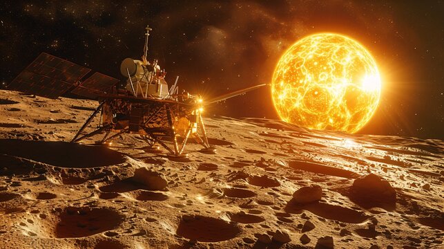 An artist's rendering of India's lunar expedition, with the lander on the moon's surface (3D image).