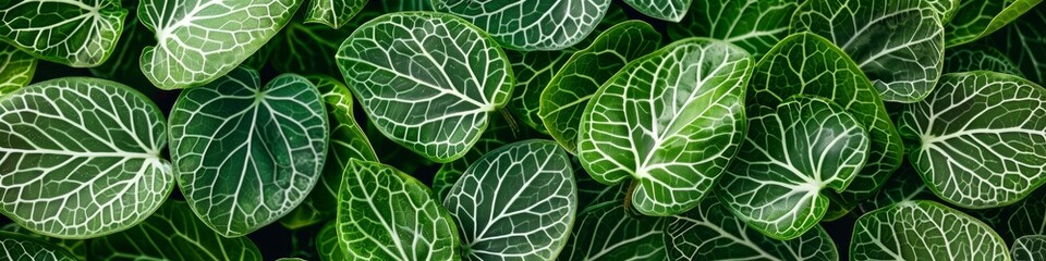 Detailed view of green leaves with white veins in a bunch, creating a rich backdrop or wallpaper, banner