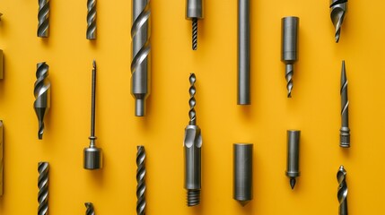 Top view of drill bits with varying sizes on a yellow background. Wood drill bits in various sizes against a yellow backdrop. Construction tool