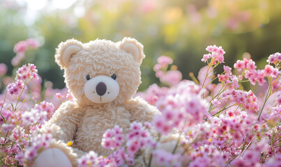 teddy bear background, stuffed toy bear in flower blossom garden 