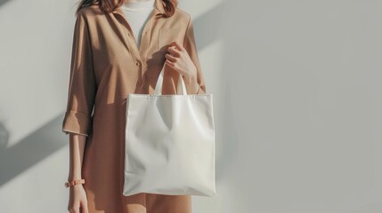 woman holding an empty white bag on a light background, for mockup blank template.