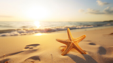 Fototapeta na wymiar Golden Sunrise at the Beach with a Lone Starfish on the Shore, Symbolizing Hope and Renewal, Serene Seaside Morning