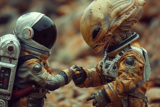 An astronaut and an alien are standing next to each other, both looking at each other intently.