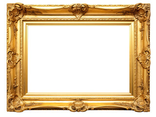 Golden wooden frame isolated on transparent background, Patterned and Vintage picture frame PNG format