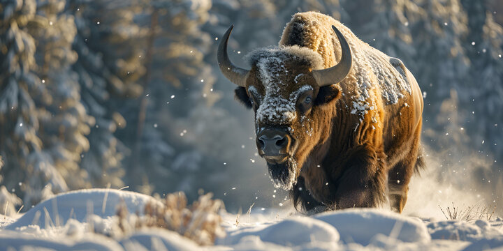 european bison on snow. generative ai 
