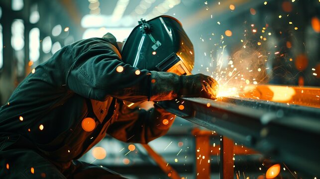 Man welding an industrial steel beam while wearing a face and eye shield
