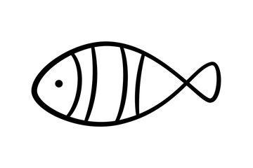 Doodle fish icon. Hand drawn sea fish. Children sketch drawing. Simple line art. Vector illustration isolated on white background.