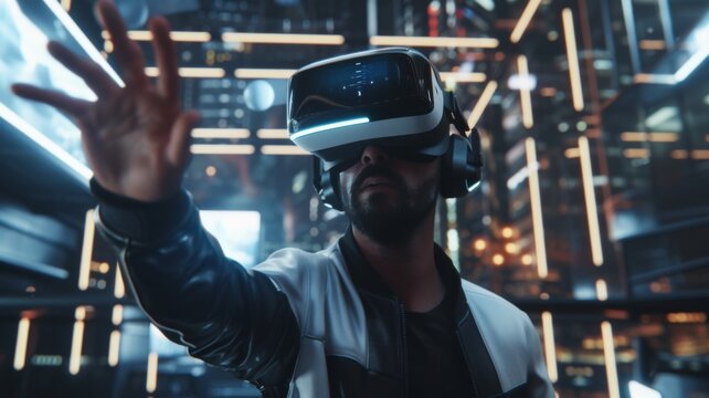VR user in a virtual interactive space - User wearing a VR headset engaged and reaching out in a vibrant virtual reality environment