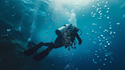 Adventurous scuba diver exploring the serene underwater world - obrazy, fototapety, plakaty