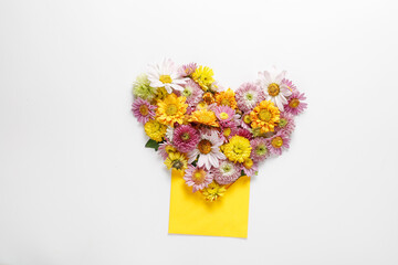 Beautiful flower composition from different field flowers. Flower card.