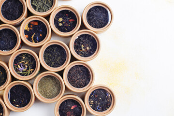 Different types of tea in a pepper boxes.