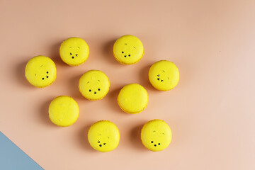 Colorful french dessert macarons with fresh fruits and nuts.