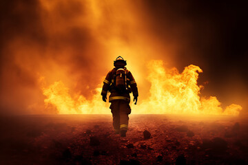 Brave Firefighter Walking Towards Inferno, Heroic Emergency Personnel in Action, Intense Flames Engulfing Background, Fire and Rescue Operation