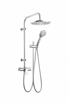 picture of the shower system for the website with a white backdrop. A large rain shower head, an inner box or water faucet, and a small shower head with a hose and bracket are all included in the kit.