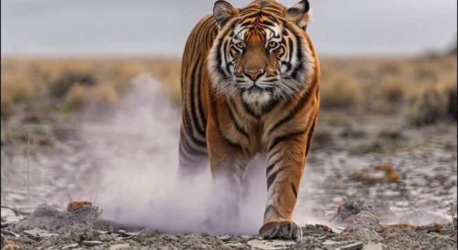 a tiger in a barren, cracked land footage