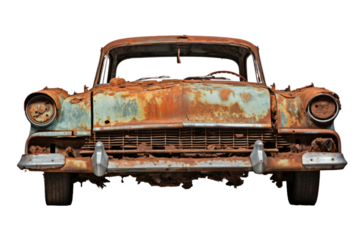 Eroded Elegance: Abandoned Vintage Car on White Background. On a White or Clear Surface PNG Transparent Background.