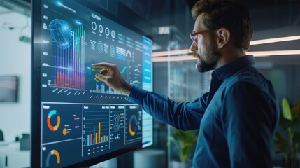 Male statistician use interactive whiteboard presentation touchscreen to look at charts in creative office.