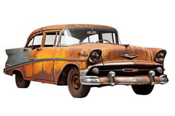 A Timeless Relic: Abandoned Vintage Car on White Background. On a White or Clear Surface PNG Transparent Background.
