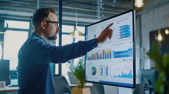 Male statistician use interactive whiteboard presentation touchscreen to look at charts in creative office.