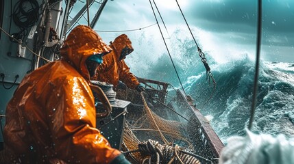 A rugged fishing boat cuts through turbulent ocean waves under a dramatic overcast sky, showcasing the resilience of maritime workers. AIG41 - obrazy, fototapety, plakaty