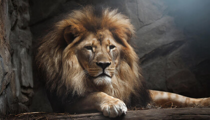 Portrait of a Beautiful lion, lion in dark. An adult lion resting