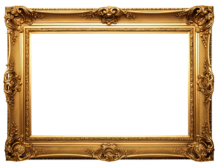 Golden wooden frame isolated on transparent background, Patterned and Vintage picture frame PNG format, old wide ornamental baroque picture frame