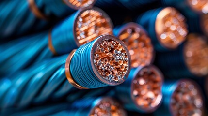 Close-up macro view of a single core, blue, stranded, insulated copper electrical conductor - obrazy, fototapety, plakaty
