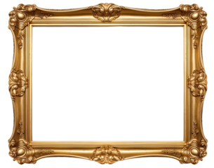 Golden wooden frame isolated on transparent background, Patterned and Vintage picture frame PNG format, old wide ornamental baroque picture frame