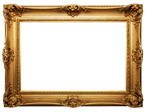 Golden wooden frame isolated on transparent background, Patterned and Vintage picture frame PNG format, old wide ornamental baroque picture frame - Powered by Adobe