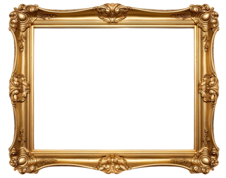 Golden wooden frame isolated on transparent background, Patterned and Vintage picture frame PNG format, old wide ornamental baroque picture frame