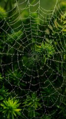 Close-up view of a green spider web with dew drops situated on a plant, showcasing its delicate and intricate details, background, wallpaper